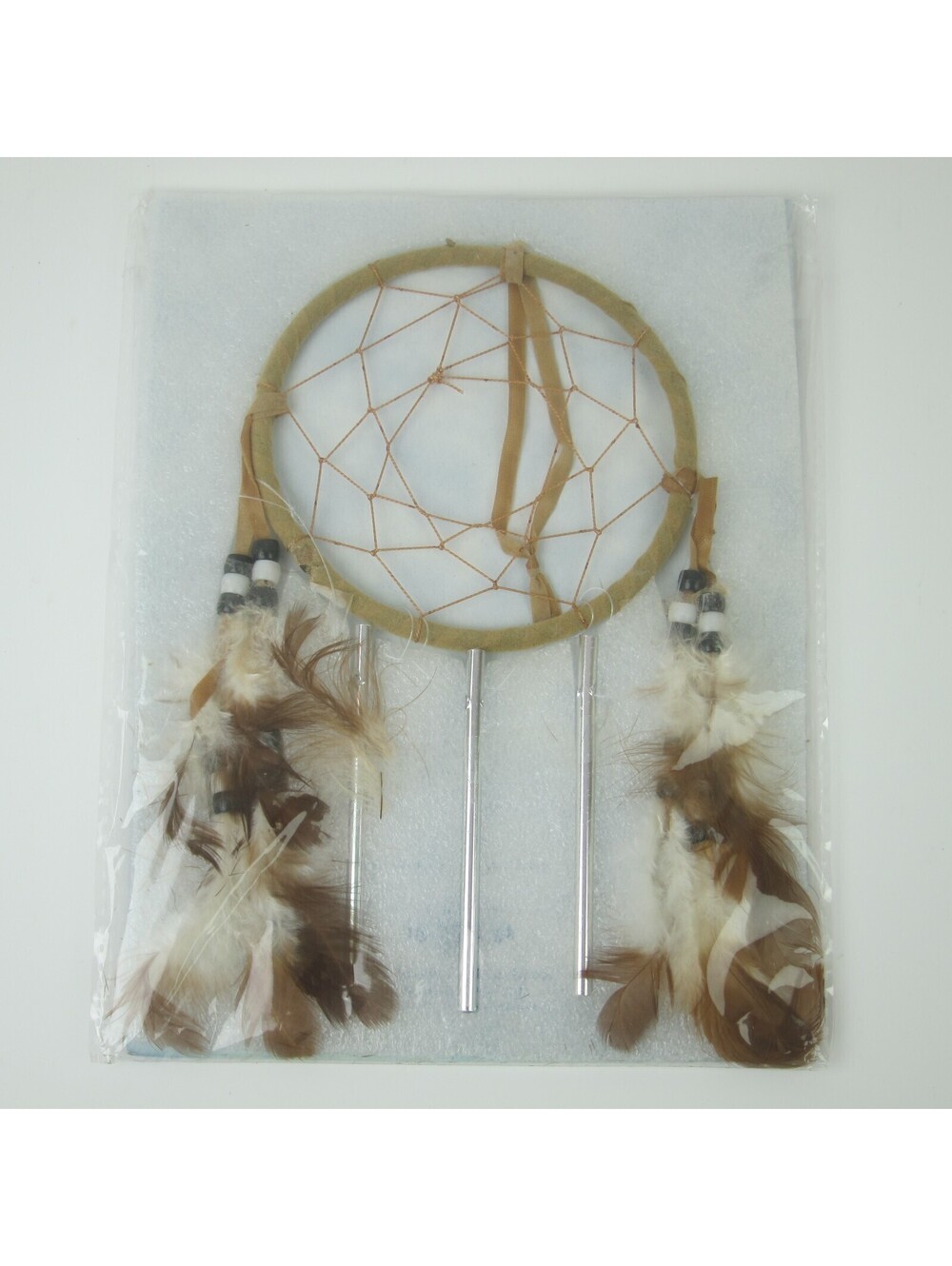 Dreamcatcher Wind Chime 8" Brown Feathers Black & White Beads Silver Chimes NEW